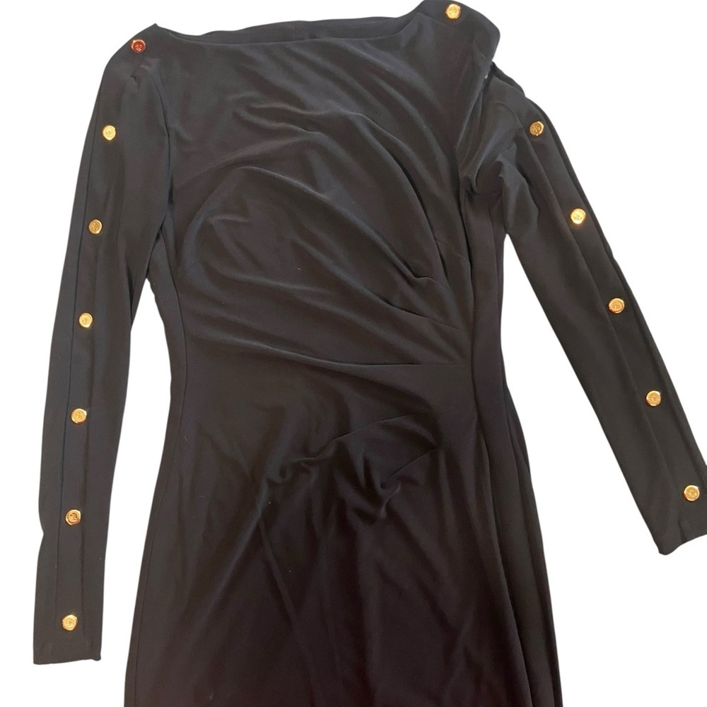 Lauren Ralph Lauren Slimming Blk Ruched Knee Lgth ButtonSleeve Detail Drees Sz 2 - Picture 4 of 10